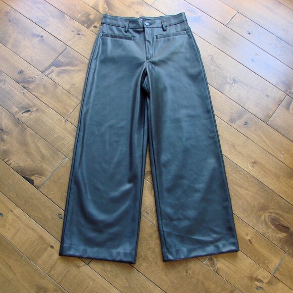 Zara Black Faux Leather Wide Leg Pants High Waist Office Party Holiday NEW  XS - Picture 6 of 15